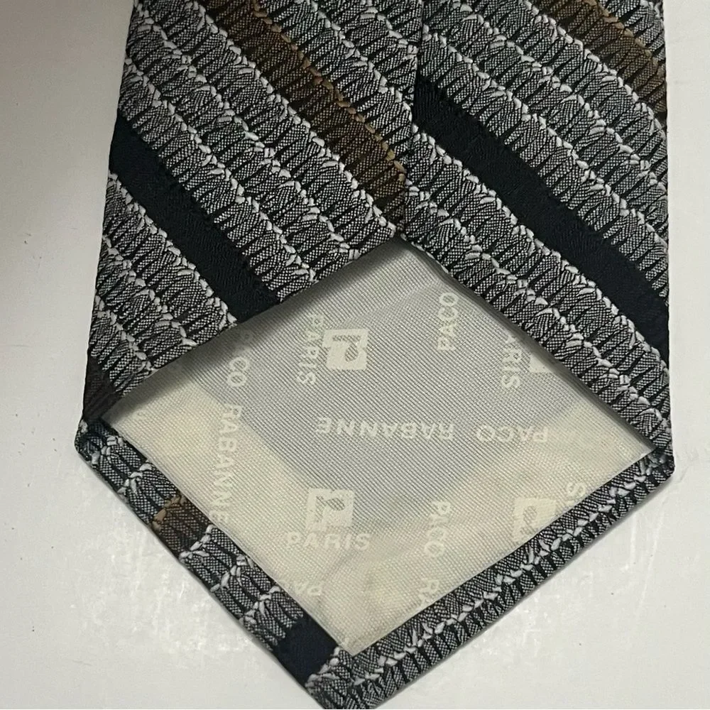 Paco Rabanne Paris Men’s Designer Tie Gray Black Striped Vintage Retro‎ Necktie